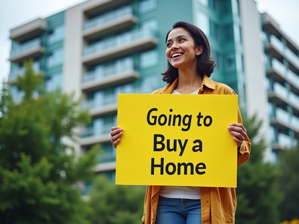 Женщина держит плакат "Going to Buy a Home" перед городским зданием.