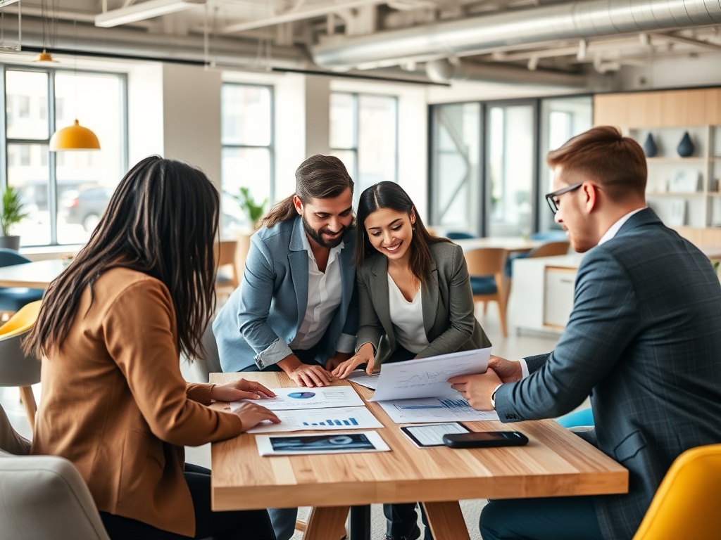 Четыре человека обсуждают документы за столом в современном офисе с большими окнами.