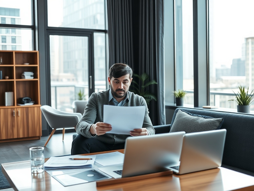Мужчина в офисе сидит на диване, смотрит на документы с ноутбуком на столе и видом на город через окно.