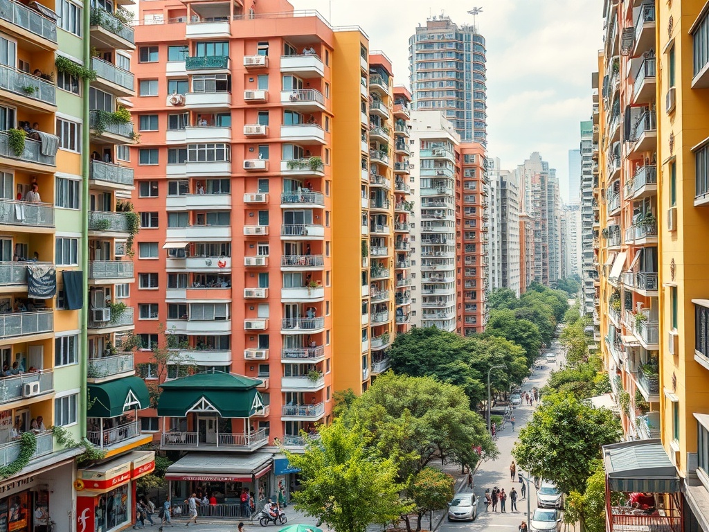 Городской пейзаж с многоэтажными домами, зеленью и людьми на улице, красивые небоскребы на фоне.