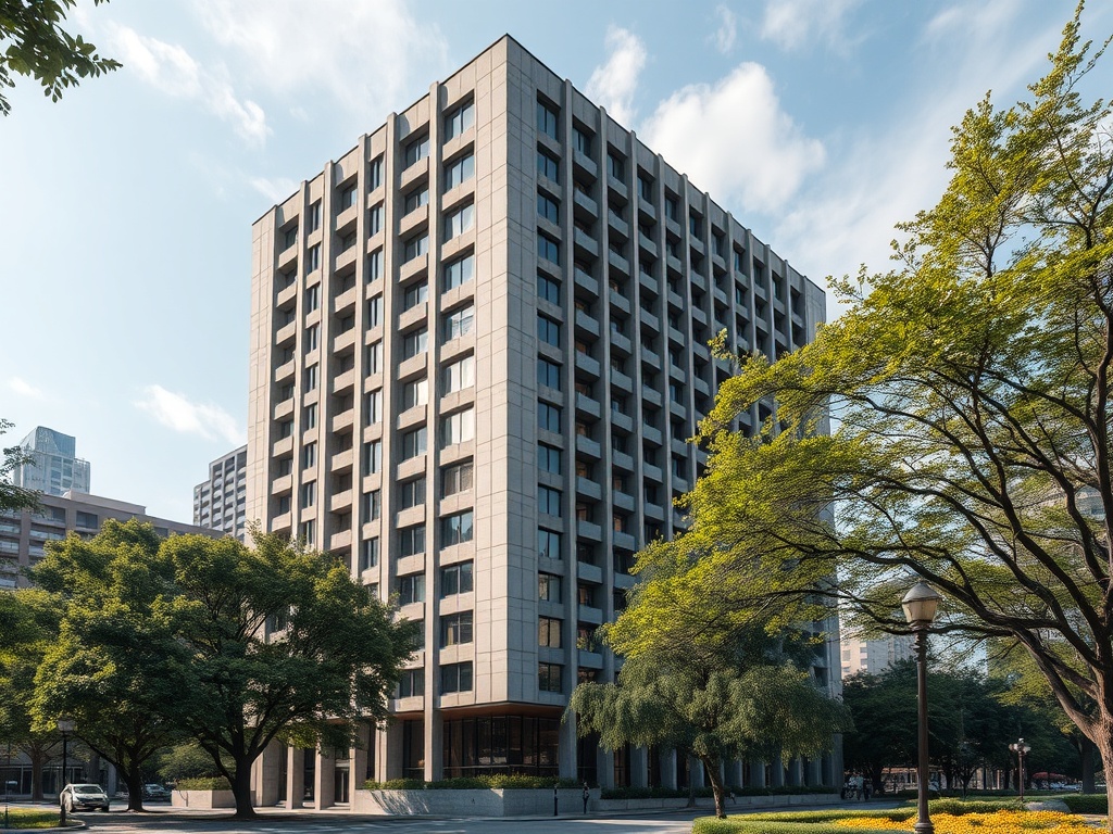 Современное здание с большими окнами, окруженное зелеными деревьями и парком на фоне голубого неба.