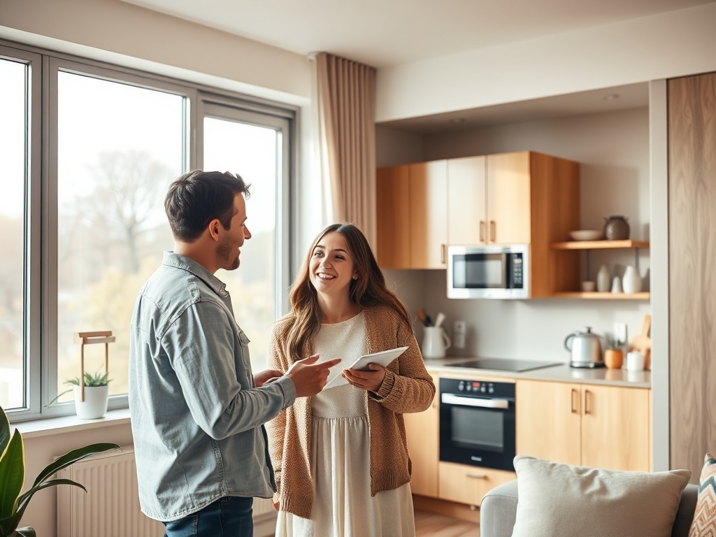 Молодая пара общается в уютной кухне, девушка держит планшет, оба улыбаются и выглядят счастливыми.