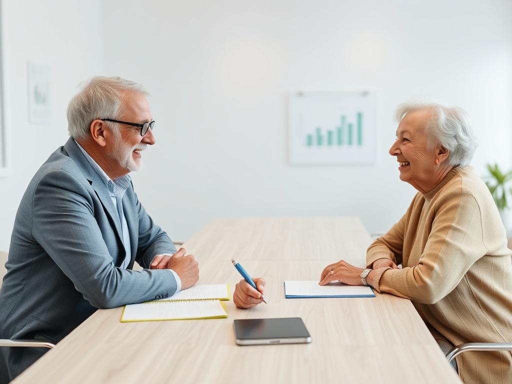 Два пожилых человека улыбаются друг другу за столом в светлом офисе, один что-то записывает.