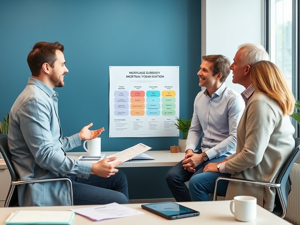 На встрече обсуждают ипотечные субсидии. Участники взаимодействуют в офисной обстановке.