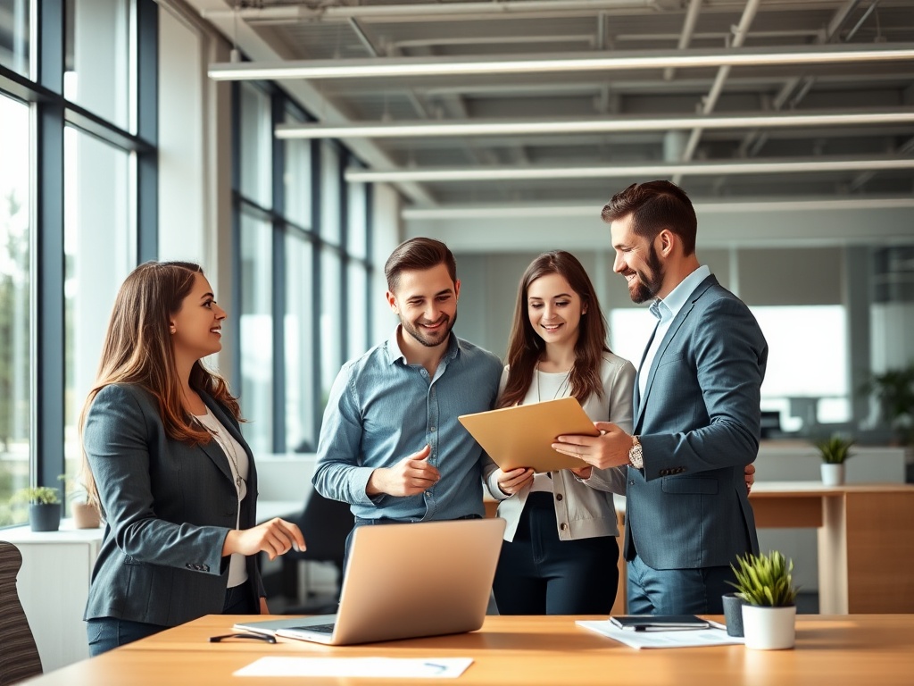 Четыре человека в офисе обсуждают документы, улыбаются и работают за столом с ноутбуком.