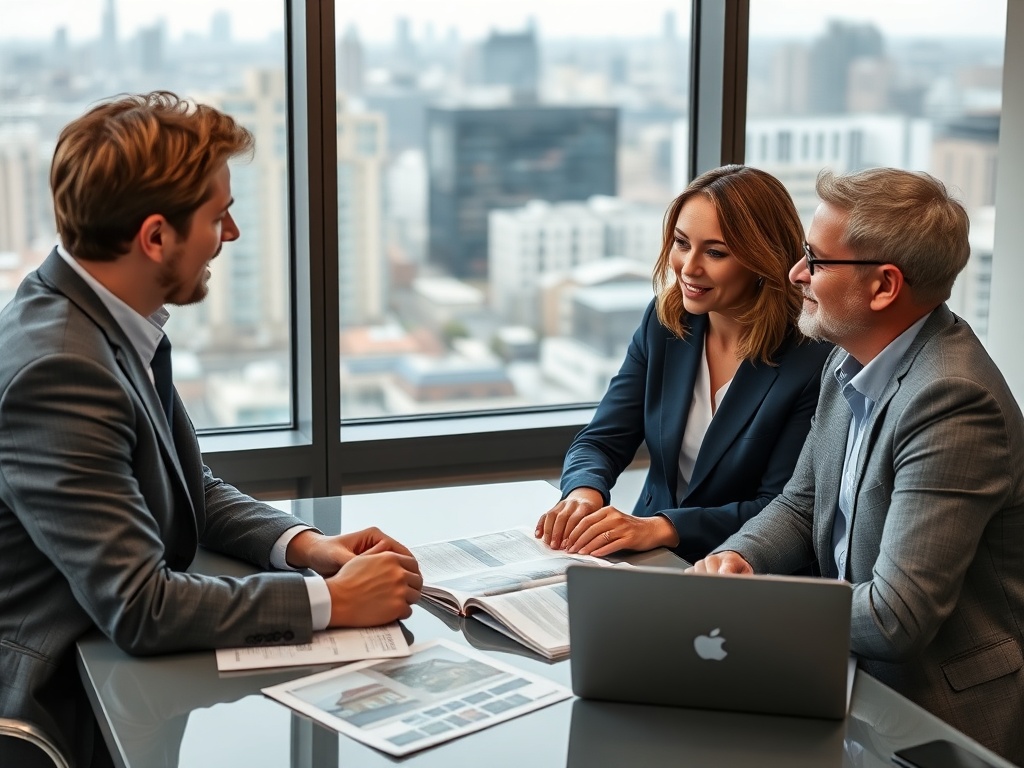Трое людей в деловых костюмах обсуждают документы в офисе с панорамным видом на город.