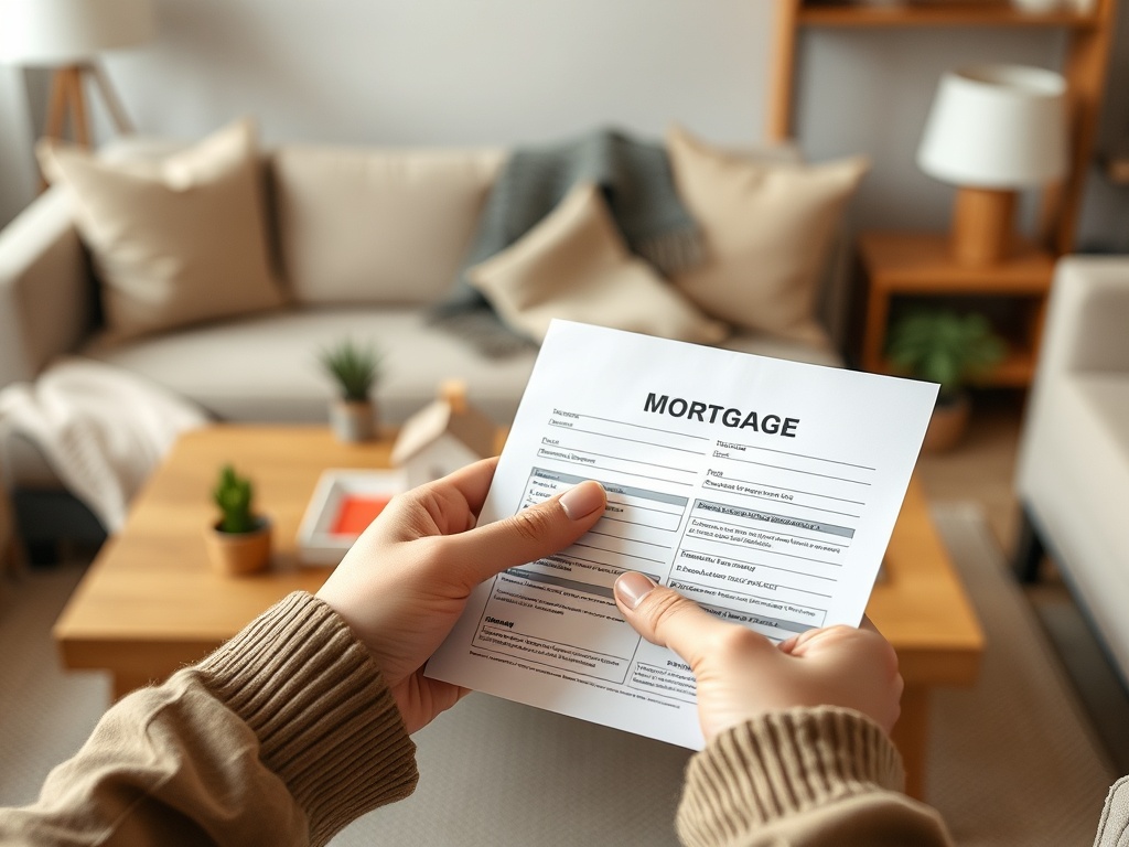 Человек держит ипотечный договор в квартире с мебелью и растениями на фоне.